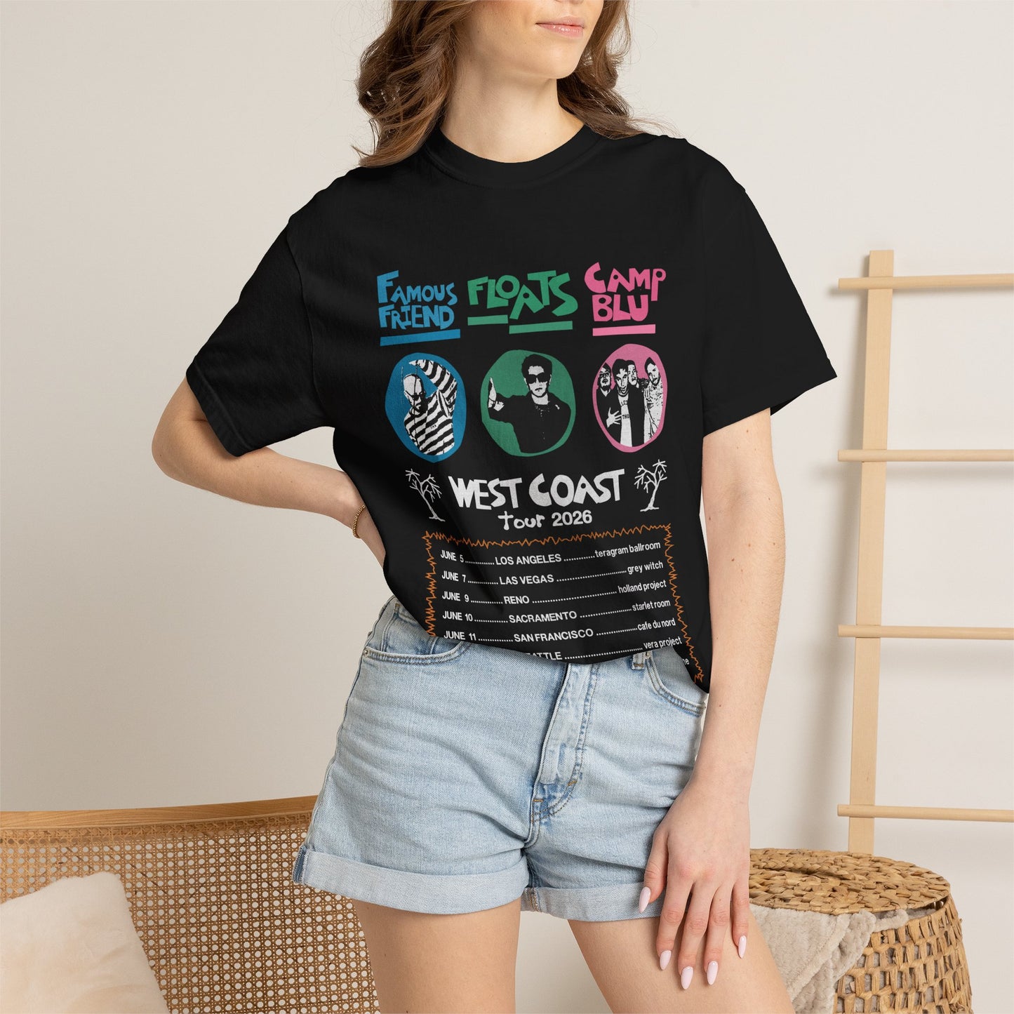 limited edition: west coast 2026 tour famous friend/floats/camp blu tee